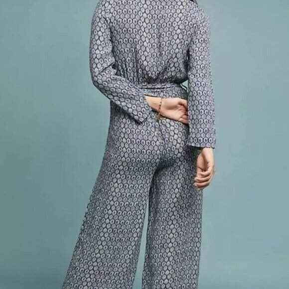 Blank London Anthropologie Seine Blue Motif Jumpsuit Flowy Women's Petite XS - Picture 2 of 12